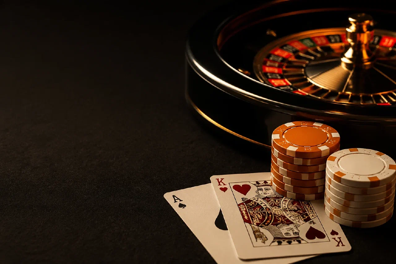 Composición editorial de una ruleta, cartas y fichas sobre fieltro oscuro